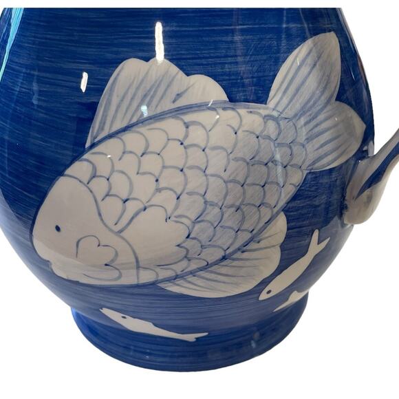 Jay Willfred Andrea by Sadek Pitcher Vase Blue & White Fish Hand Painted Asian - Picture 7 of 8